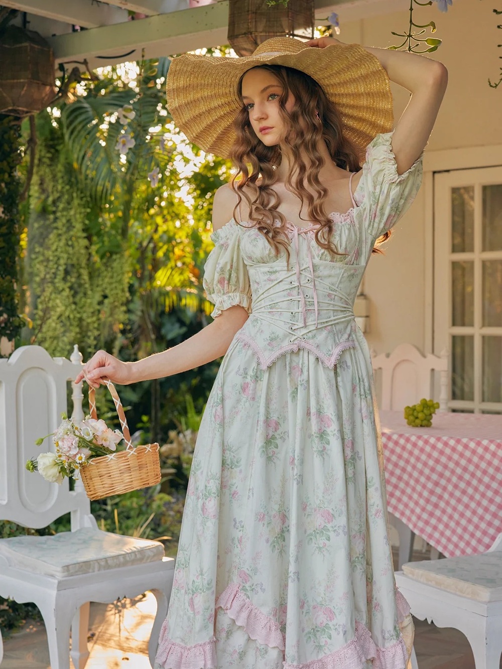 Pastel Green Floral Maxi Dress with Corset Bodice